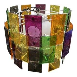 1960s Mid Century 3 Tier Multicolor Lucite Panel Hanging Swag Light Chandelier For Sale