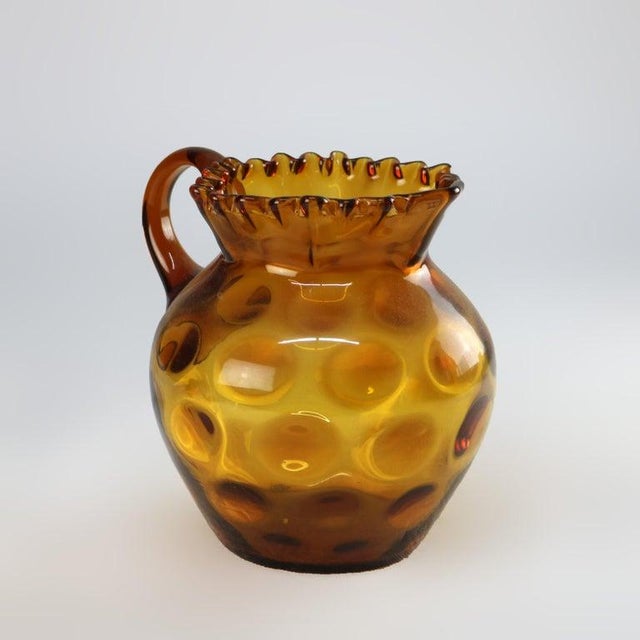 Mid-Century Modern Amber Coinspot Amber Glass Juice Pitcher With Ruffled Rim 20thC For Sale - Image 3 of 6