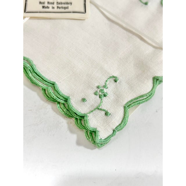 Vintage Portuguese Linen Cocktail Napkins With Green Embroidery, Set of 6, New Old Stock For Sale - Image 4 of 7