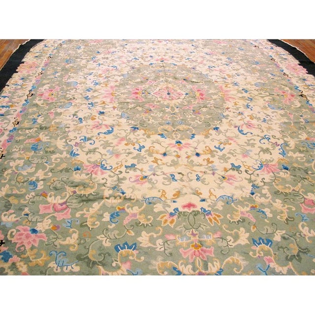 1930 Green Colorful Antique Chinese Peking Rug Large Oval Wool Carpet For Sale In New York - Image 6 of 7