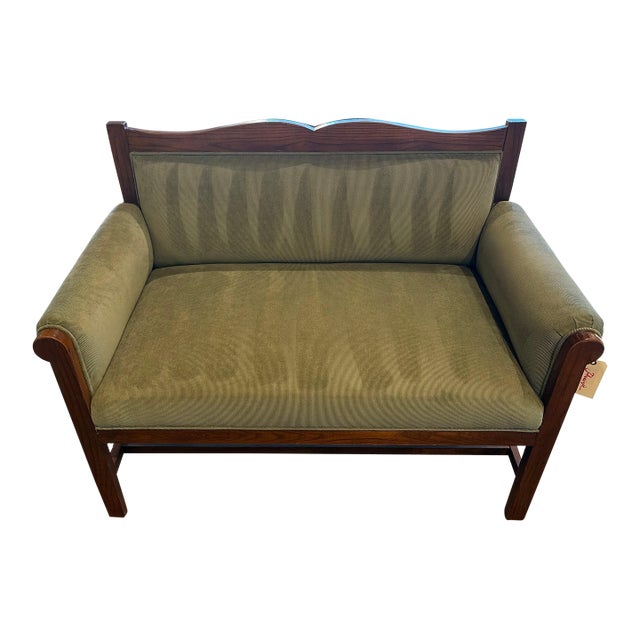 Late 20th Century Wood Upholstered Settee With Dark Green Corduroy Fabric For Sale
