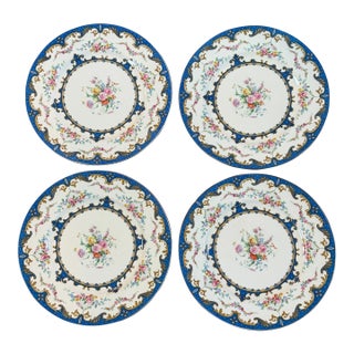 1940s Myott Staffordshire Sevres Blue Floral Bouquet Dinner Plates Set of 4 For Sale