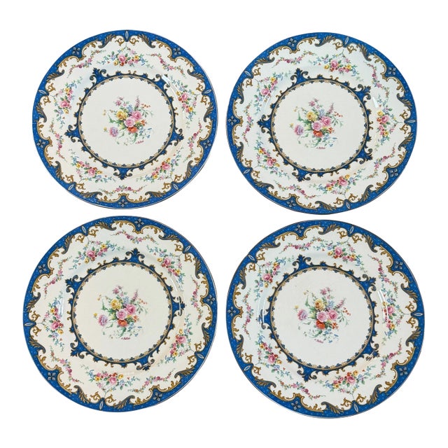 1940s Myott Staffordshire Sevres Blue Floral Bouquet Dinner Plates Set of 4 For Sale
