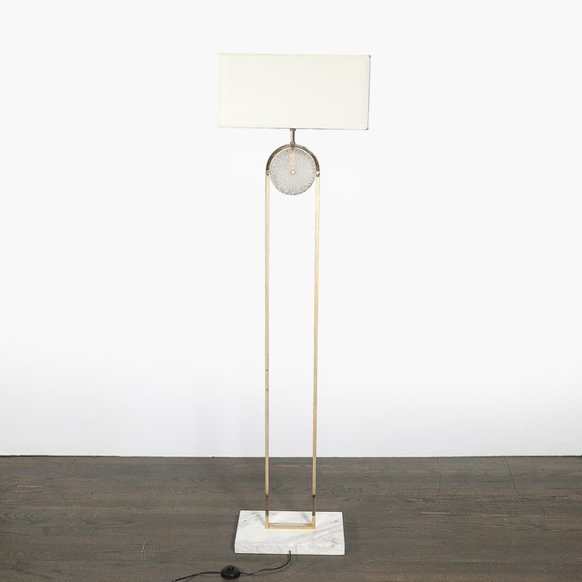 Mid-Century Brass Arch Floor Lamp W/ Textured Glass Medallion & White Marble For Sale - Image 10 of 13