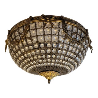 1960s Empire Bronze Basket Chandelier With Seed Beads and Octagon Crystals For Sale
