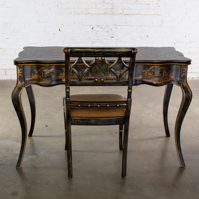 Wonderful vintage Chinoiserie or French Louis XV style ladies writing desk and chair both composed of black lacquered wood...