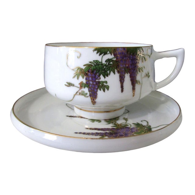 Vintage Koshida Wisteria Garland Geisha Lithophane Tea Cup & Saucer Set- 2 Pieces For Sale
