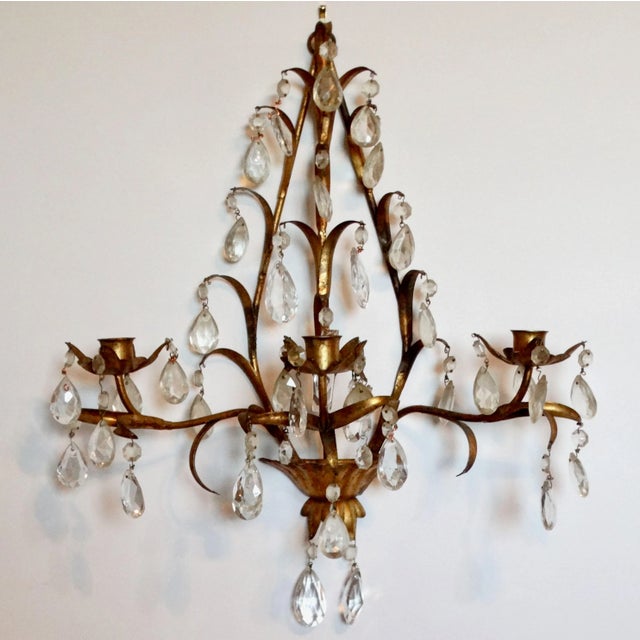 Metal Italian Tole Gold Triple Arm Candle Wall Sconce With Crystals For Sale - Image 7 of 12