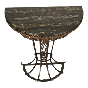 1920's Art Deco Marble Top Wrought Iron Demilune Console Table