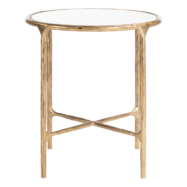 Jessa Metal Round End Table in Brass with White Marble Top For Sale