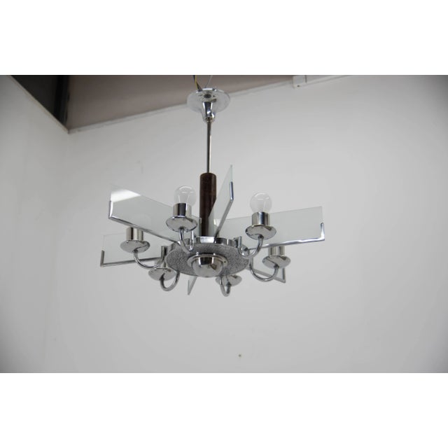 Art Deco Chandelier in Chrome, Wood and Sandblasted Glass, 1940s For Sale - Image 10 of 13