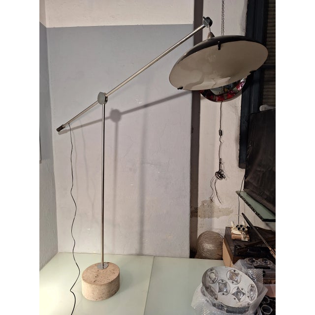 Large Floor Lamp in Chromed Metal with Black Acrylic Glass Lampshade and Travertine Base, 1960s For Sale - Image 12 of 18