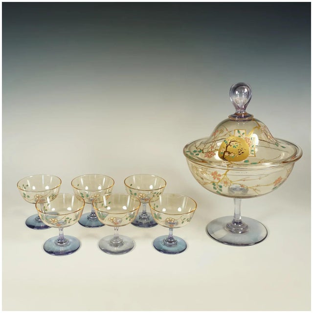 Mid 19th Century Antique French Baccarat Eugene Rousseau Enamel Glass Clair de Lune Fruit Dessert Compote Serving Set - Set of 7 For Sale - Image 5 of 8