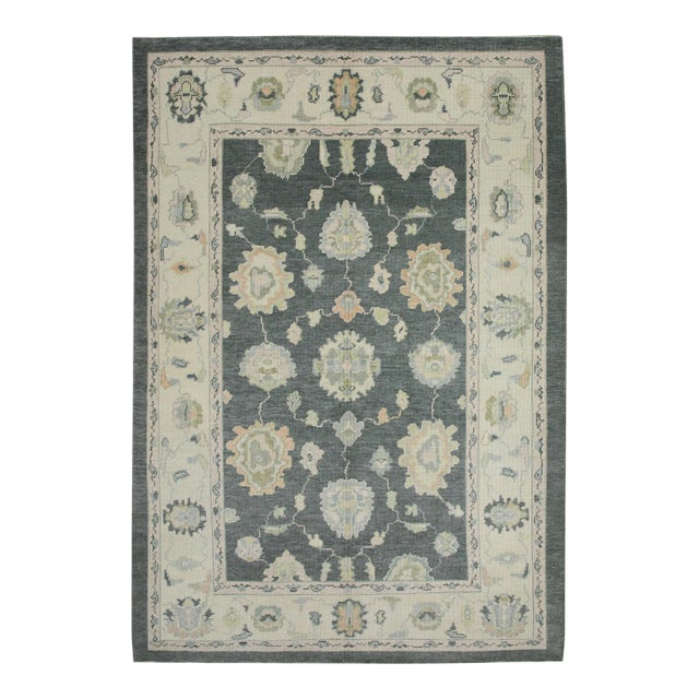 Early 21st Century Charcoal Floral Design Handwoven Wool Turkish Oushak Rug 6'3" X 9' For Sale
