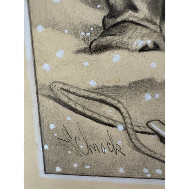1940s 1940s Original Signed Graphite Illustration of Child and Terrier in Snowstorm, 11.75 I × 9.75 In. For Sale - Image 5 of 6