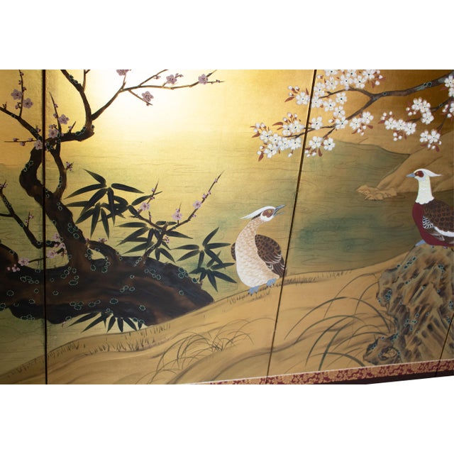 Wood "Cherry Blossoms and Golden Birds" by Ransetsu, Heisei Era Japanese Byobu Screen For Sale - Image 7 of 18