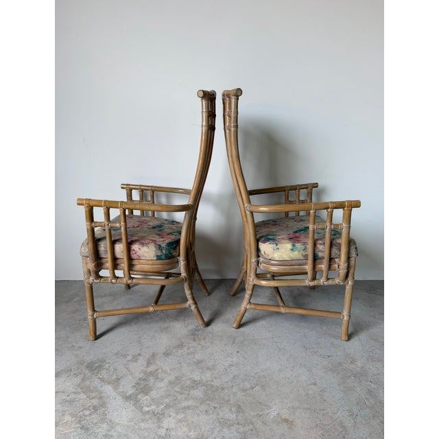 Wood Vintage Coastal Organic Rattan and Leather Arm Dining Chairs – A Pair For Sale - Image 7 of 12