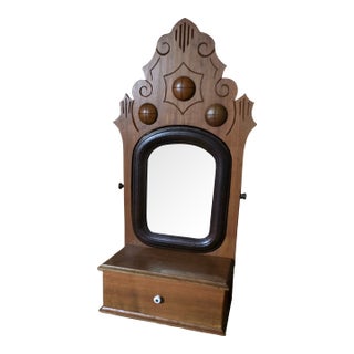 Antique Victorian Carved Wall Hanging Shaving Swing Mirror With Drawer For Sale