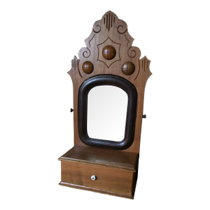 Antique Victorian Carved Wall Hanging Shaving Swing Mirror With Drawer