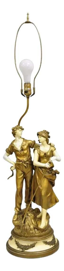 Antique French Renaissance Moreau Figural Metal Table Lamp, Wife & Farmer