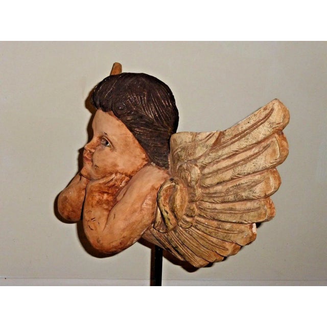 Wood Vintage Hand Carved Cherub /Angel With Wings Figurine on Stand For Sale - Image 7 of 11