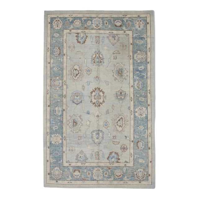 Blue & Brown Handwoven Turkish Oushak Rug 6' X 9'1" For Sale