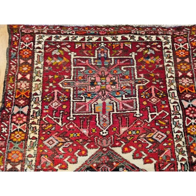 Persian Antique Heriz Karajeh Runner, Hand-Knotted Wool, Geometric Medallion Pattern, Red & Navy, 4x14 For Sale - Image 3 of 18