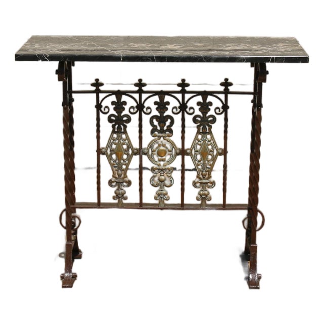 Antique Spanish Revival Entry Hall Table | Wrought Iron, Brass & Black Marble Console | Circa 1910 For Sale