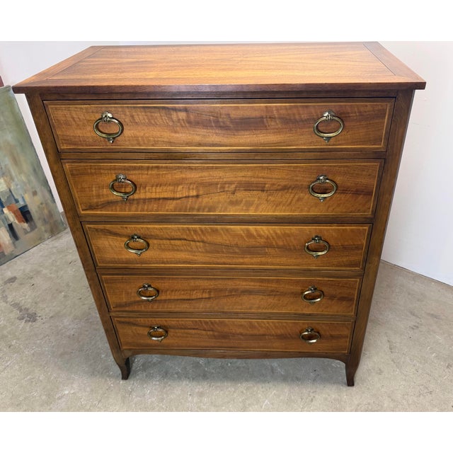 Mid 20th Century Baker Furniture Walnut /Satinwood Bow Front Tall Dresser Chest of Drawers For Sale - Image 11 of 12