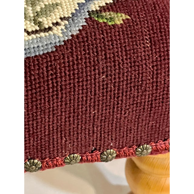 Vintage Burgundy Floral Needlepoint Footstool With Turned Pine Legs For Sale - Image 12 of 13