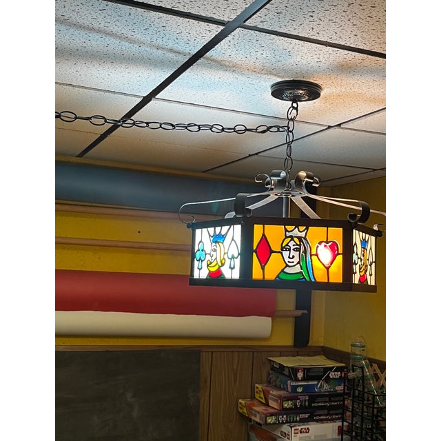 1970s Vintage Hexagonal Leaded Slag Glass Playing Card Poker 3-Light Pendant Chandelier For Sale - Image 4 of 5