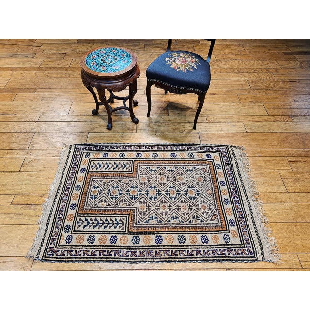 Early 20th Century Baluch Tribal Area Rug in a Prayer Pattern in Ivory, Brown, Navy Blue For Sale - Image 9 of 11
