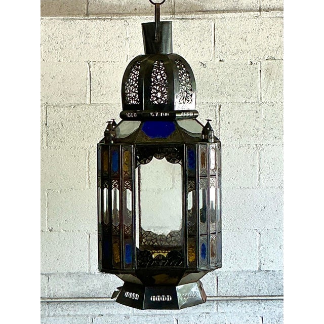 Moroccan Vintage Boho Punch Cut Metal Moroccan Lantern For Sale - Image 3 of 9