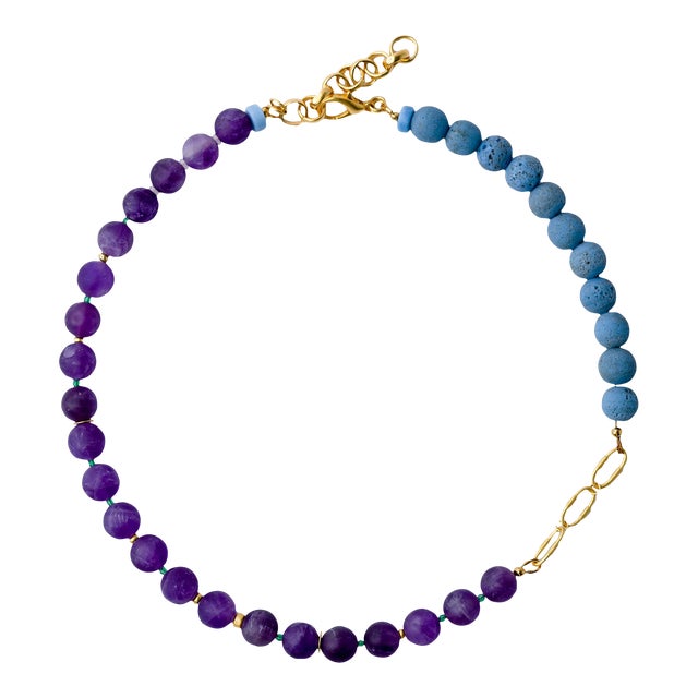 Amethyst & Blue Ceramic Gold Chain Necklace For Sale