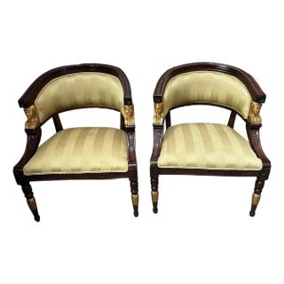 Antique Pair of Art Nouveau Egyptian Revival Carved Wood and Gilt Statement Chairs For Sale