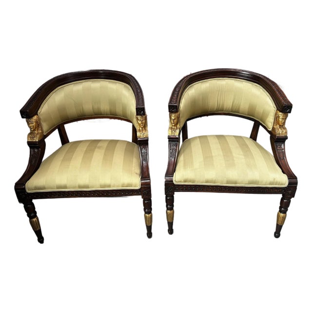 Antique Pair of Art Nouveau Egyptian Revival Carved Wood and Gilt Statement Chairs For Sale