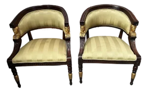 Antique Pair of Art Nouveau Egyptian Revival Carved Wood and Gilt Statement Chairs