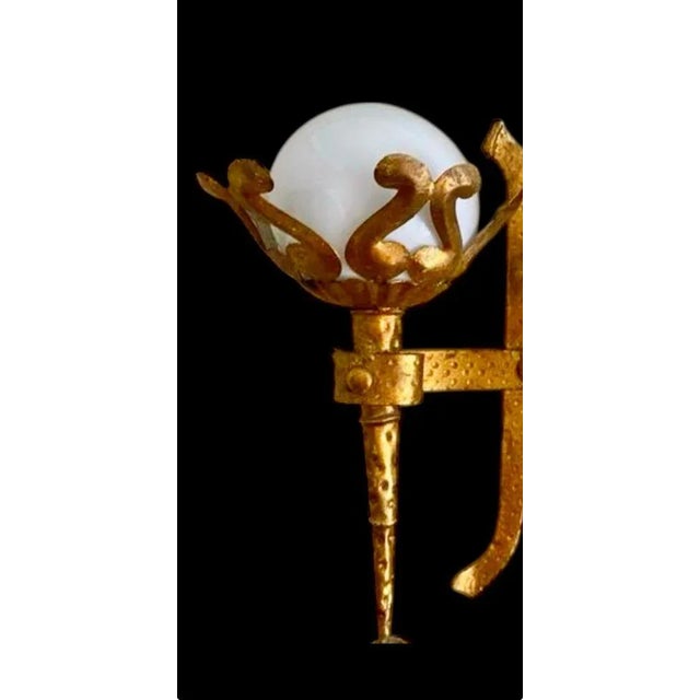 Spanish Wall Light in Gilt Iron with Milk Glass Globes, 1950, Set of 2 For Sale - Image 3 of 10