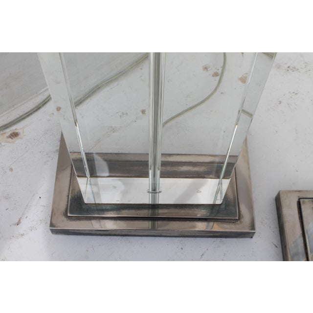 Glass Pair 1970's Italian Modern Solid Glass Block W/ Silver Detailed Heavy Table Lamps For Sale - Image 7 of 10