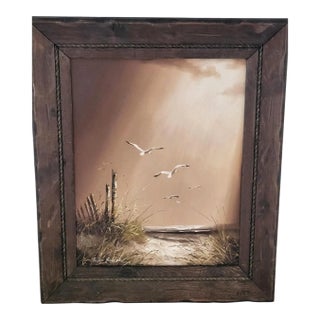 Vintage Philip Sandee. Sandee Framed Beach Coastal Oil Painting – Seagulls & Dunes 26" X 22" For Sale