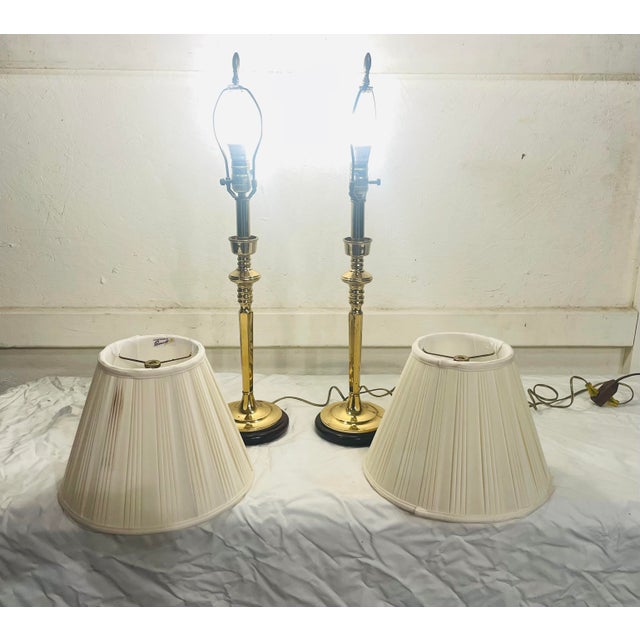 Mid-Century Modern Pair of Brass Lamps With Shades For Sale - Image 3 of 11