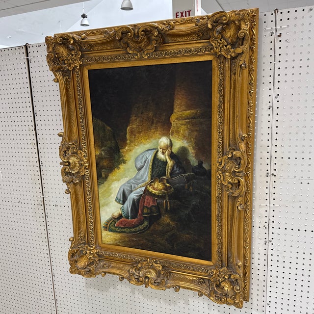 Baroque Vintage Rembrandt Jeremiah Lamenting Jerusalem Oil Painting Framed Baroque Art For Sale - Image 3 of 7