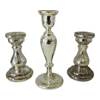 Boho Vintage Mercury Glass Candlesticks - Set of 3 For Sale