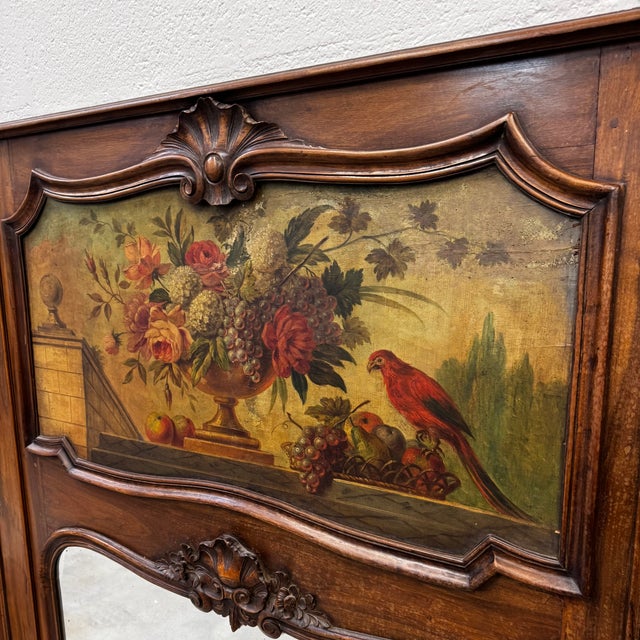 Large Antique French Fireplace Mirror Antique carved wooden overmantel mirror with mirror and floral scene. Charming...