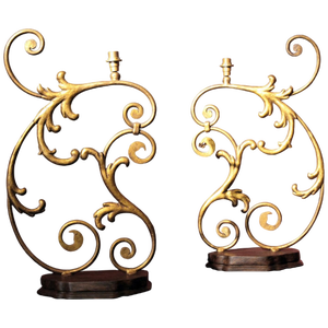 Large 19th Century Italian Gilt Handwrought Iron Scale One Light Table Lamps, Set of 2