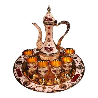 Vintage Gilt and Enamel Liqueur Set With Floral Motif and Tray For Sale