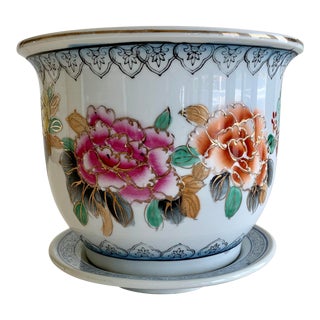Vintage Chinoiserie Cachepot Planter With Drain Saucer For Sale