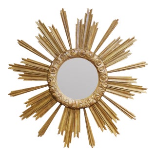 Large Vintage Italian Giltwood Sunburst Mirror With Carved Scroll Frame For Sale