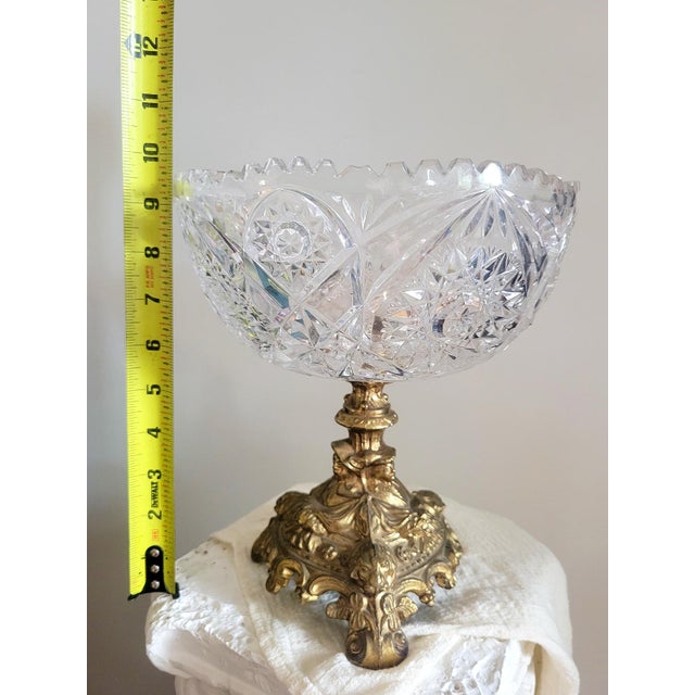 Vintage Cut Crystal Compote on Ornate Gilt Pedestal | Hollywood Regency Centerpiece | Rococo Crystal Fruit Bowl For Sale In Chicago - Image 6 of 8