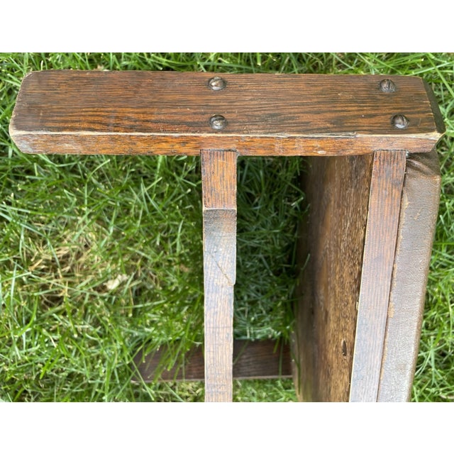 Antique Arts and Crafts Wood & Leather Footstool, Signed For Sale - Image 10 of 14